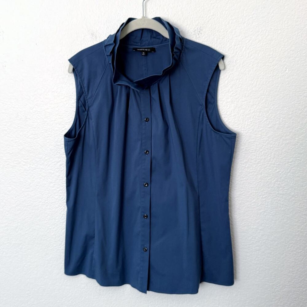[Lafayette 148] Blue Ruffle Collared Sleeveless Button Down Work Blouse Size 14